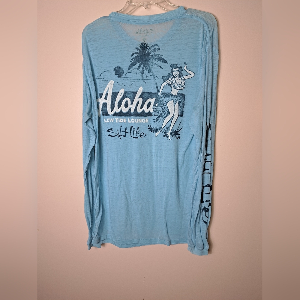SALT LIFE Long Sleeve Tee Shirt Men’s Large "Aloha Low Tide Lounge" Blue